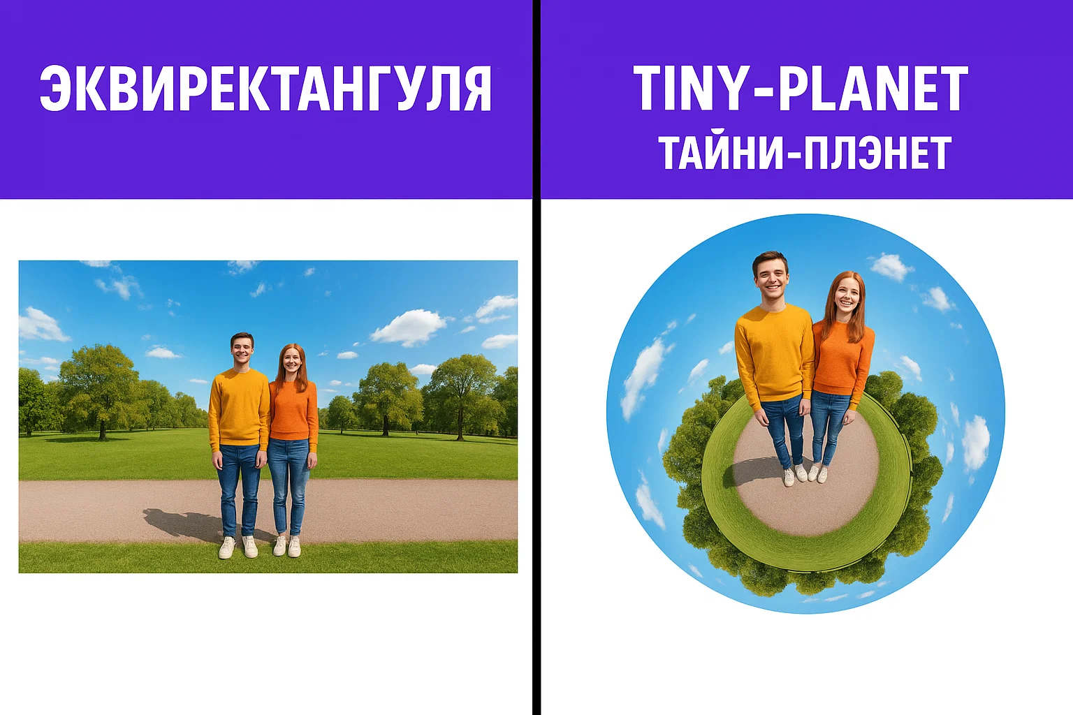 коллаж из двух кадров — слева equirectangular ровное полотно, справа tiny‑planet с круглыми ведущими, подписи на русском, стиль split‑screen, яркий контраст, понятная графика